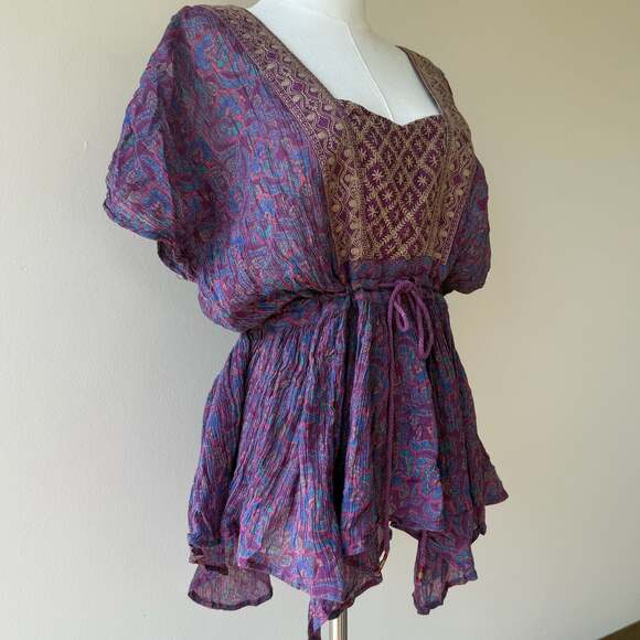 Free People Purple Paisley Embroidered Drawstring Waist Boho Blouse - Picture 10 of 12